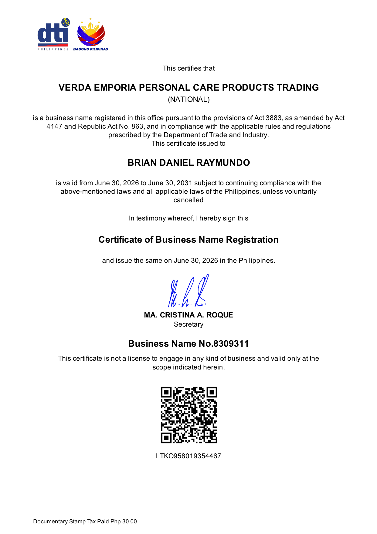 DTI Certificate of Business Name Registration